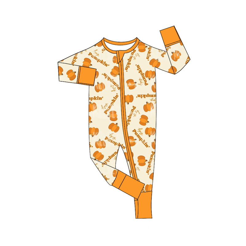 Preorder moq 5 Baby Infant Boys Long Sleeves Yellow Pumpkins Plaid Zipper Romper