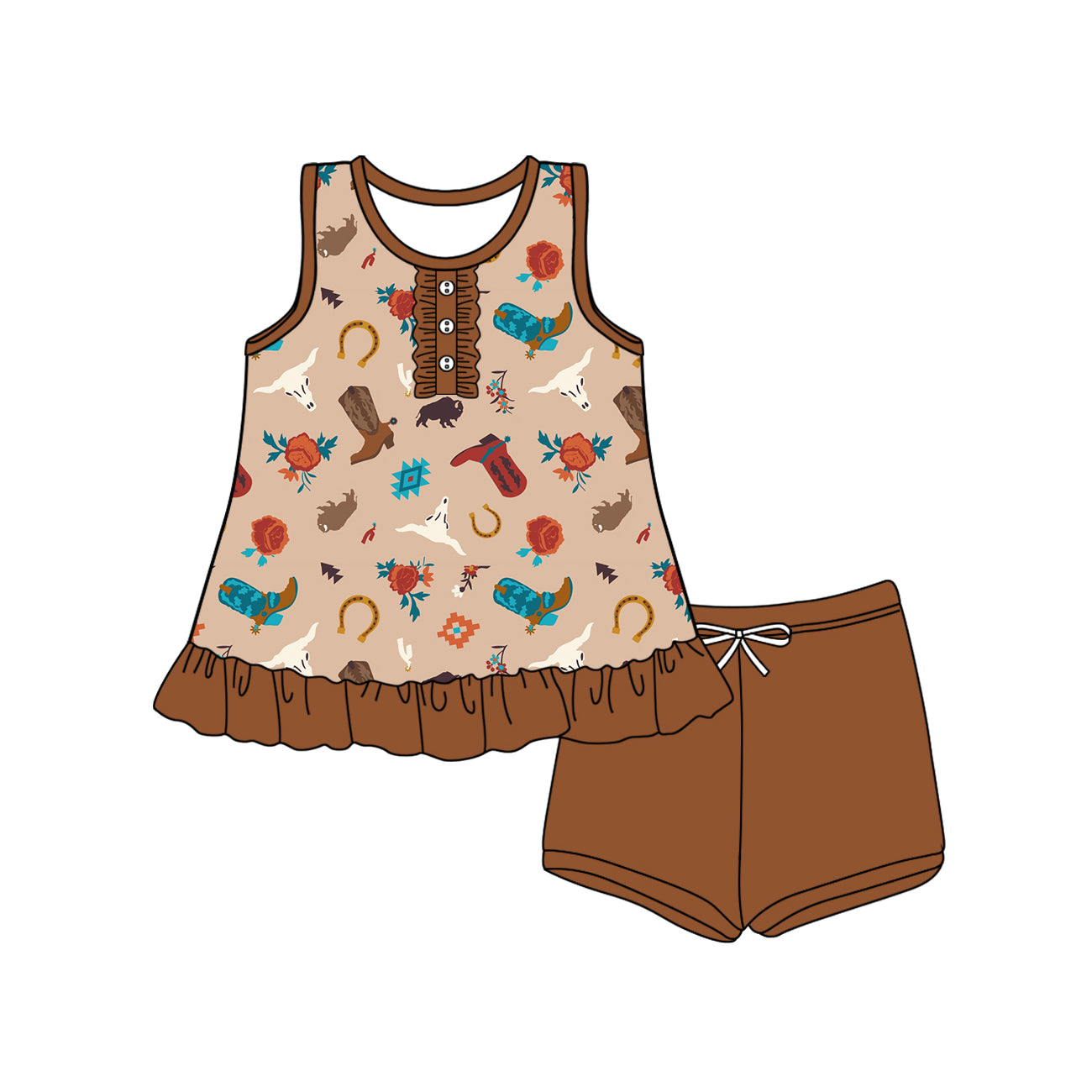 Preorder (moq 5)Baby Girls Khaki Sleeveless Button Boots Bull Skull Tunic Short Set