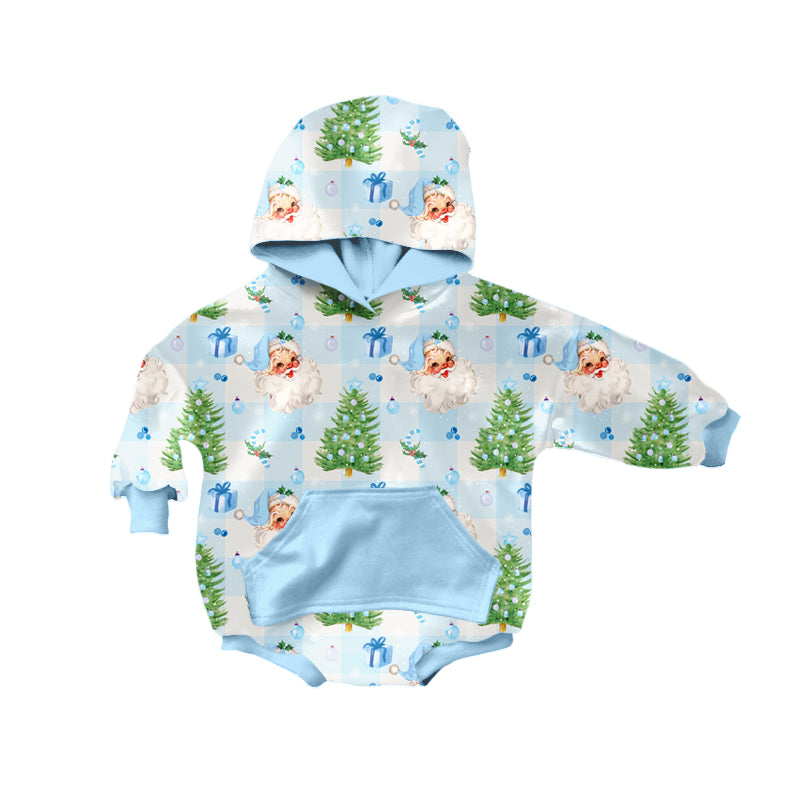 Preorder moq 5 Baby Infant Boys Long Sleeves Blue Santa Trees Plaid Hoodies Romper