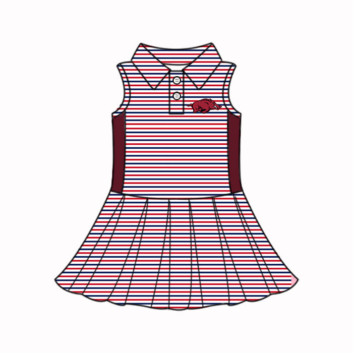 Preorder (moq 5)Baby Girls Sleeveless Dark Red Stripes Button Bull Team Knee Length Dresses
