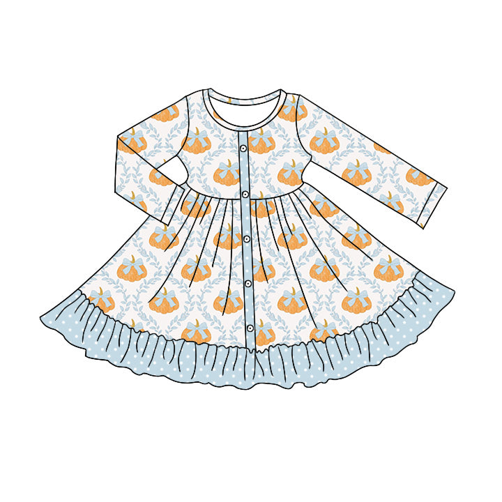 Preorder (moq 5)Baby Girls Bows Pumpkins Fall Button Ruffle Knee Length Dresses