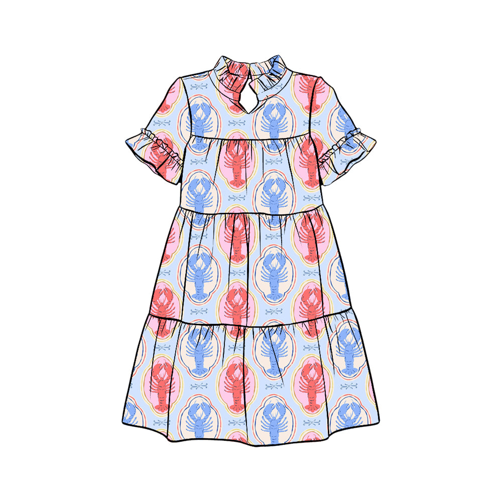 Preorder (moq 5)Baby Girls Red Blue Crayfishes Checked Patchwork Knee Length Dresses