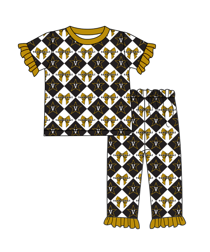 Preorder moq 5 Baby Girls Short Sleeve Stars V Bows Checked Top Ruffle Pants Team Clothes Set