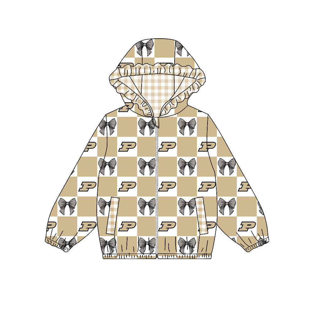 Preorder (moq 5) Baby Girls Bows Purdue Checked Team Ruffle Hoodie Tops