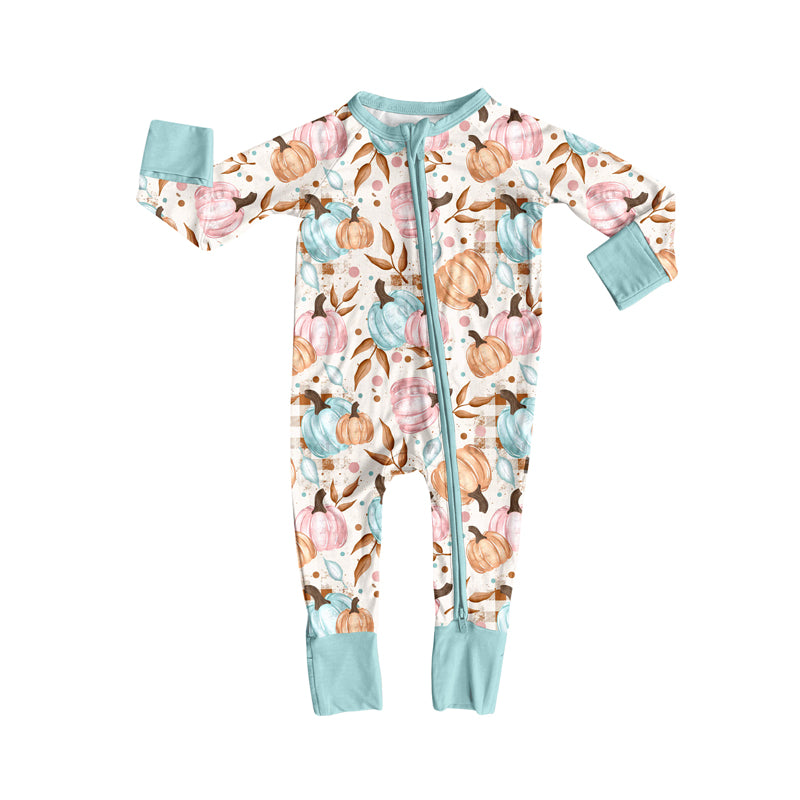 Preorder (moq 5)Baby Girls Long Sleeves Colorful Pumpkins Floral Plaid Zipper Romper