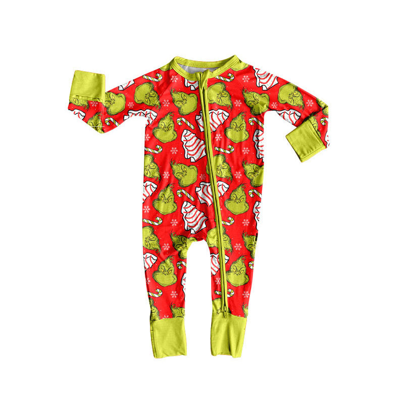 Preorder(moq 5)Baby Boys Green Faces Candy Cane Christmas Zipper Footie Rompers