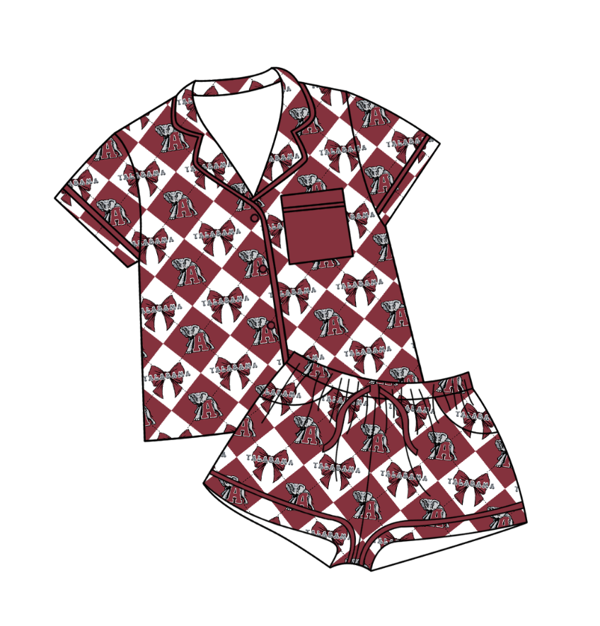 Preorder (moq 5)Baby Girls Team Bows Checked Button Pocket Top Shorts Pajamas Sets