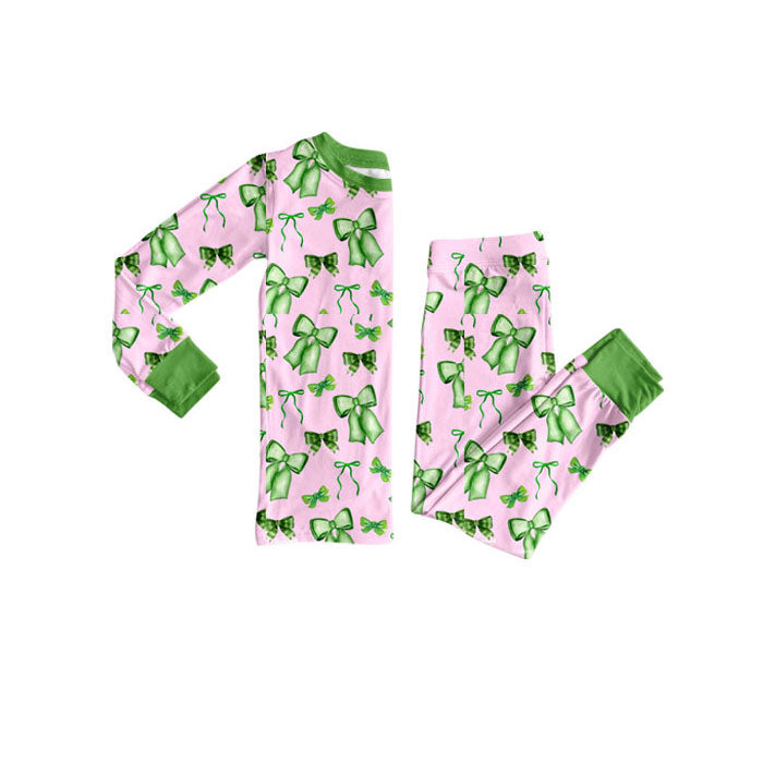 Preorder(moq 8)Baby Girls Green Bows Plaid Top Pants St Patrick Pajamas Sets