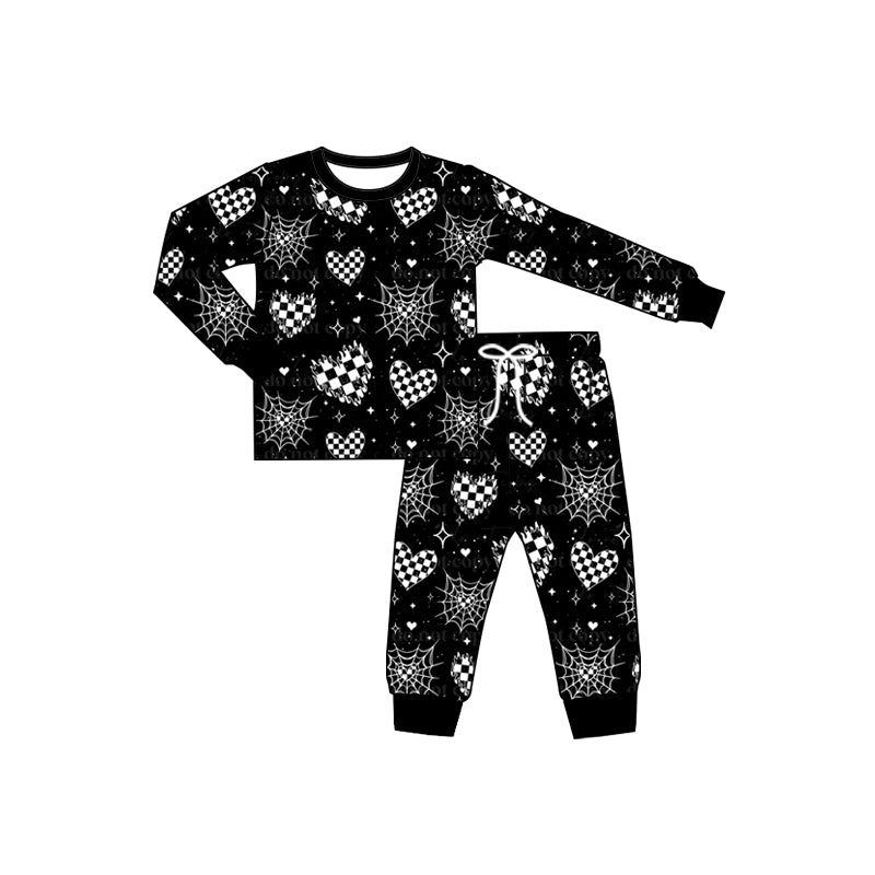 Preorder (moq 5)Baby Boys Long Sleeves Black Spider Web Hearts Top Pant Pajamas Set