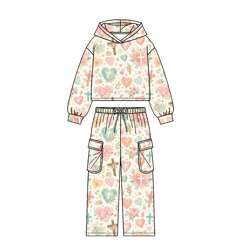 Preorder (moq5) Kids Easter Bunny Egg Print Hoodie Pockets Joggers Team Clothes Set