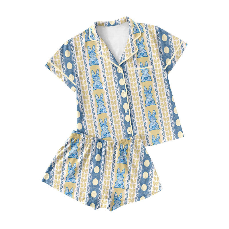 Preorder (moq 5)Baby Girls Floral Rabbits Eggs Stripe Button Pocket Top Shorts Easter Pajamas Sets
