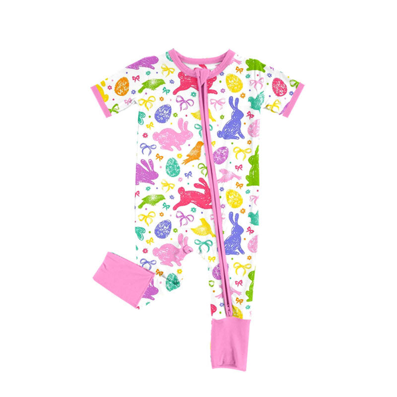 Preorder (moq 5)Baby Girls Short Sleeve Colorful Rabbits Bows Easter Zipper Footie Rompers
