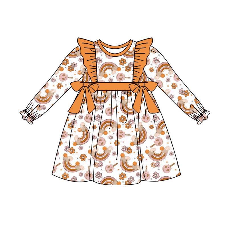 Preorder (moq 5)Baby Girls Long Ruffle Sleeves Flowers Rainbows Knee Length Dresses