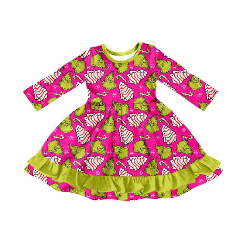 Preorder (moq 5)Baby Girls Green Face Candy Cane Christmas Ruffle Knee Length Dresses