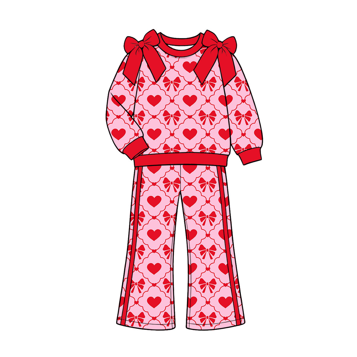Preorder (moq 5) Girls’ Fall Valentine’s Day Pink Heart Bow Crewneck Long-Sleeve Sweatshirt & Wide-Leg Pants Set