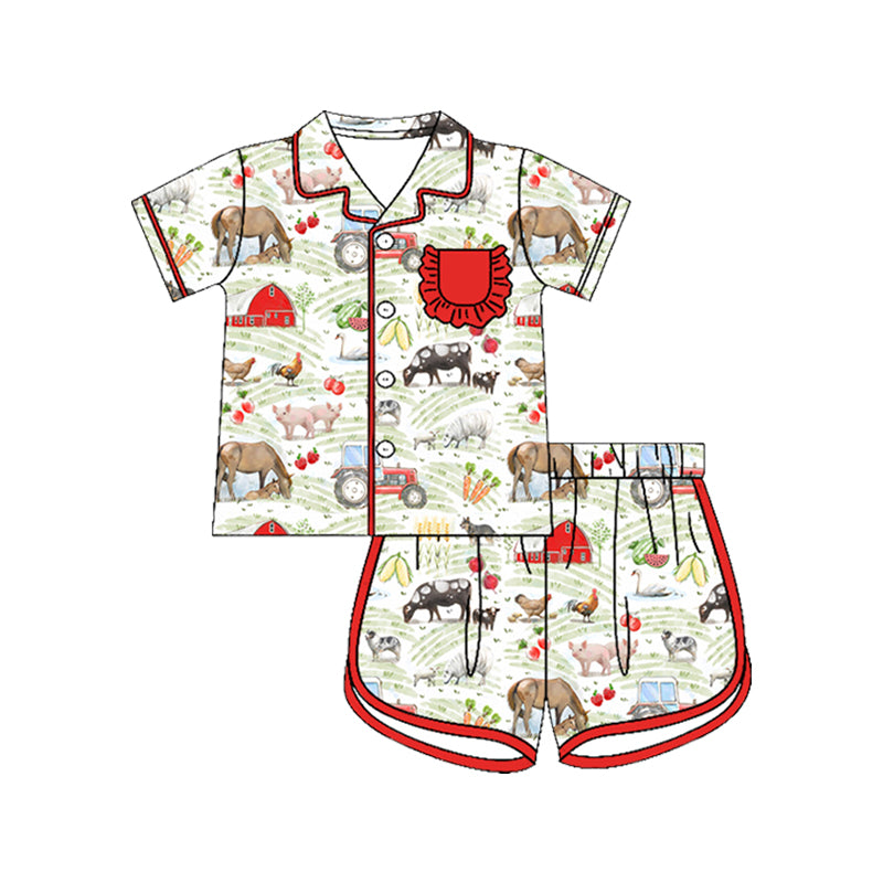 Preorder (moq 5)Baby Girls House Chicks Pigs Button Pocket Top Short Farm Pajamas Sets