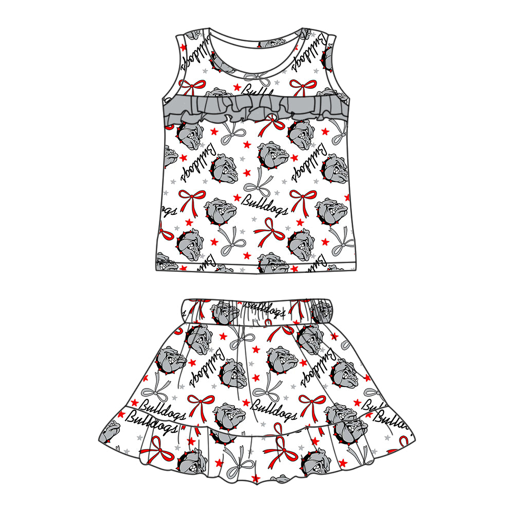Preorder (moq 5)Baby Girls Sleeveless Gray Dogs Stars Bows Top Ruffle Skorts Team Set