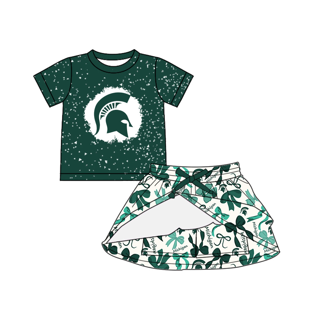 Preorder (moq 5)Baby Girls Green Short Sleeves Spartan Top Bows Plaid Skorts Team Set