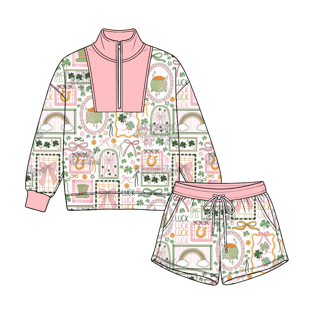 Pre-order(moq5) Kids’ Half-Zip Top & Shorts 2-Piece Set, Pink Rainbow & Clover Print Outfit