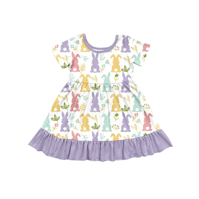 Preorder(moq 5) Baby Girls Colorful Rabbits Flowers Easter Ruffle Knee Length Dresses
