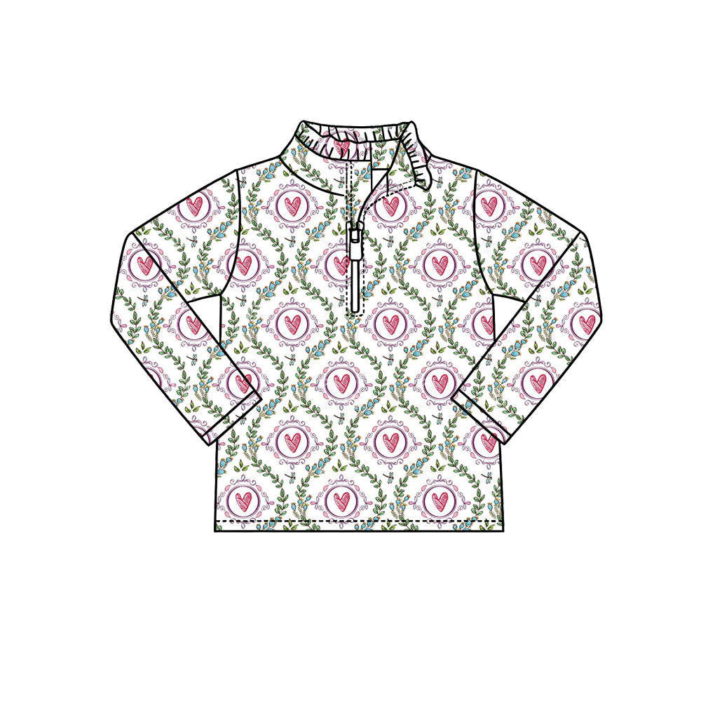 Preorder (moq 5) Baby Girl Clothes Wreath Heart Frame Allover Print Long Sleeve Half Zip Top