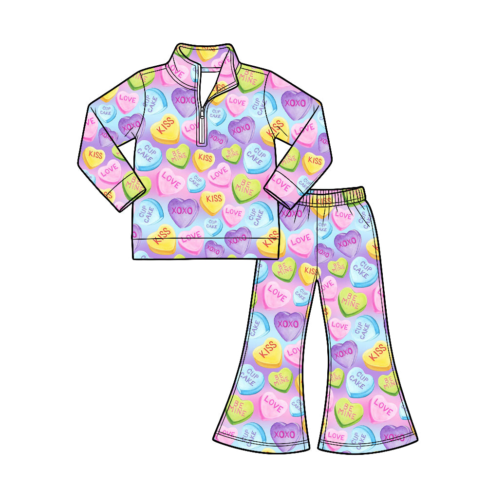 Preorder (moq 5) Baby Girl Clothes Valentine Conversation Candy Heart Print Long‑sleeve Quarter Zip Top Flare Pants Set