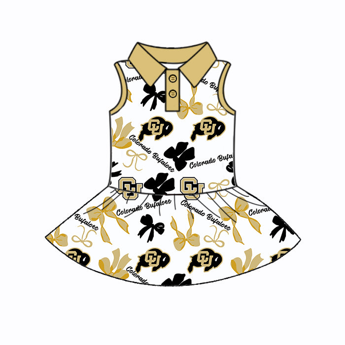 Preorder (moq 5)Baby Girls Sleeveless Colorado Bufaloes Bows Plaid Button Team Knee Length Dresses