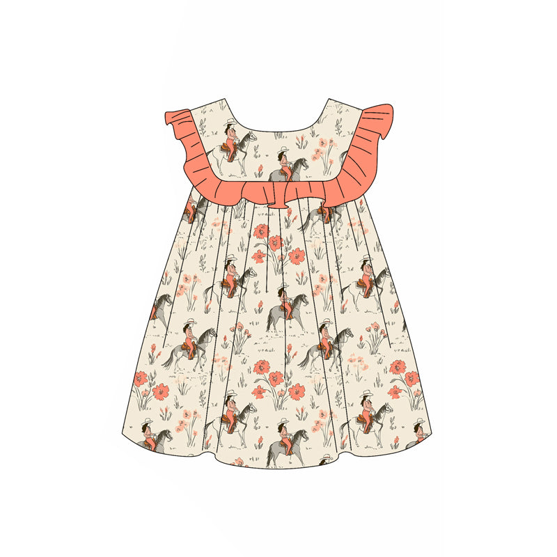 Preorder (moq 5)Baby Girls Peach Sleeveless Horse Rodeo Floral Round Collar Knee Length Dresses