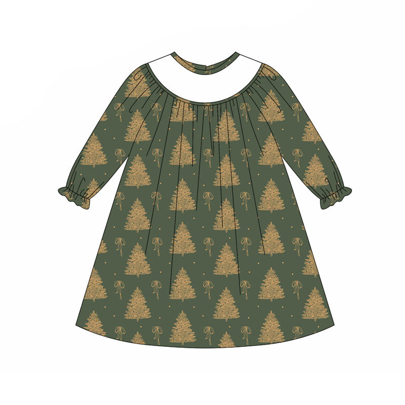 Preorder (moq 5)Baby Girls Green Bows Trees Christmas Knee Length Dresses