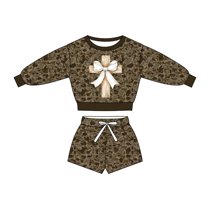 Preorder(moq 5) Baby Girls Cross Bows Camo Long Sleeve Pockets Shorts Clothes Sets
