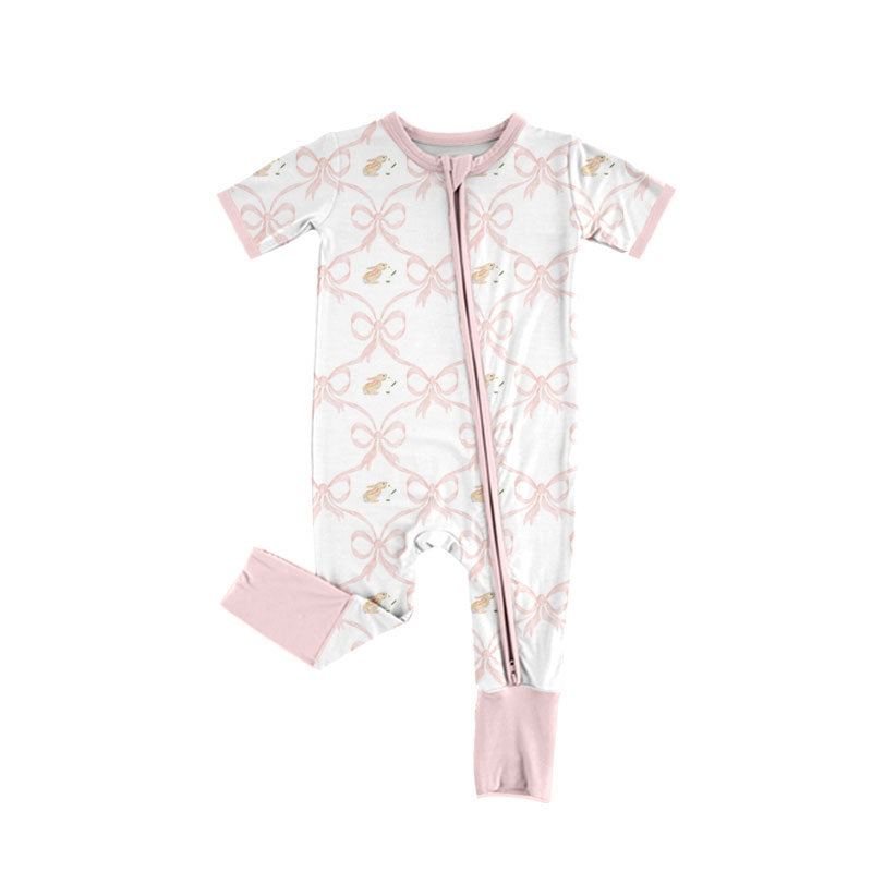Preorder(moq 8)Baby Girls Rabbits Bows Checked Easter Zipper Footie Rompers