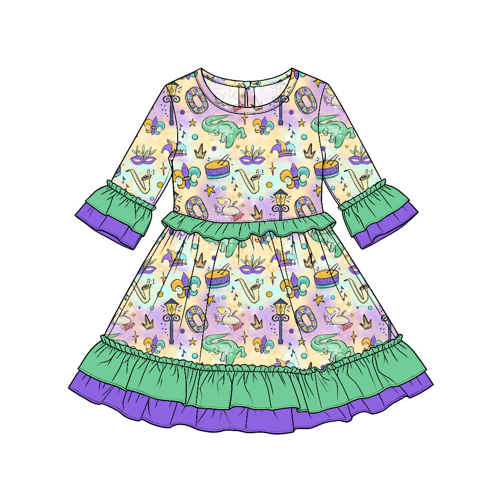 Preorder moq5 Girls’ Mardi Gras Ruffle Long-Sleeve Dress, Cute Dinosaur Mask Print Holiday Party Dress