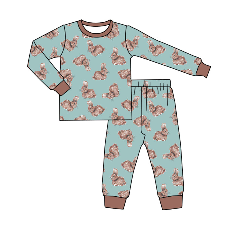 Preorder (moq 5)Baby Boys Green Long Sleeve Rabbits Top Pant Easter Pajamas Sets