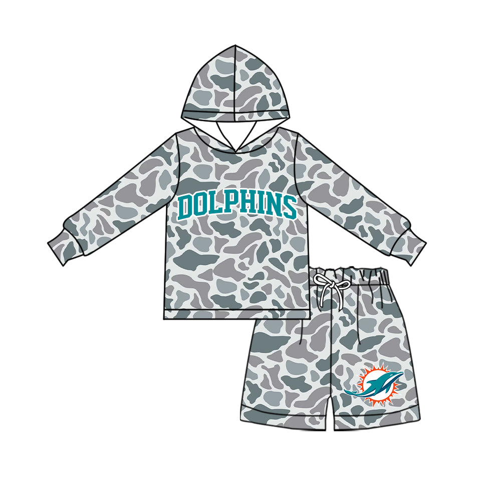 Preorder (moq 5)Baby Boys Grey Camo Dolphins Long Sleeve Hoodie Short Team Clothes Set