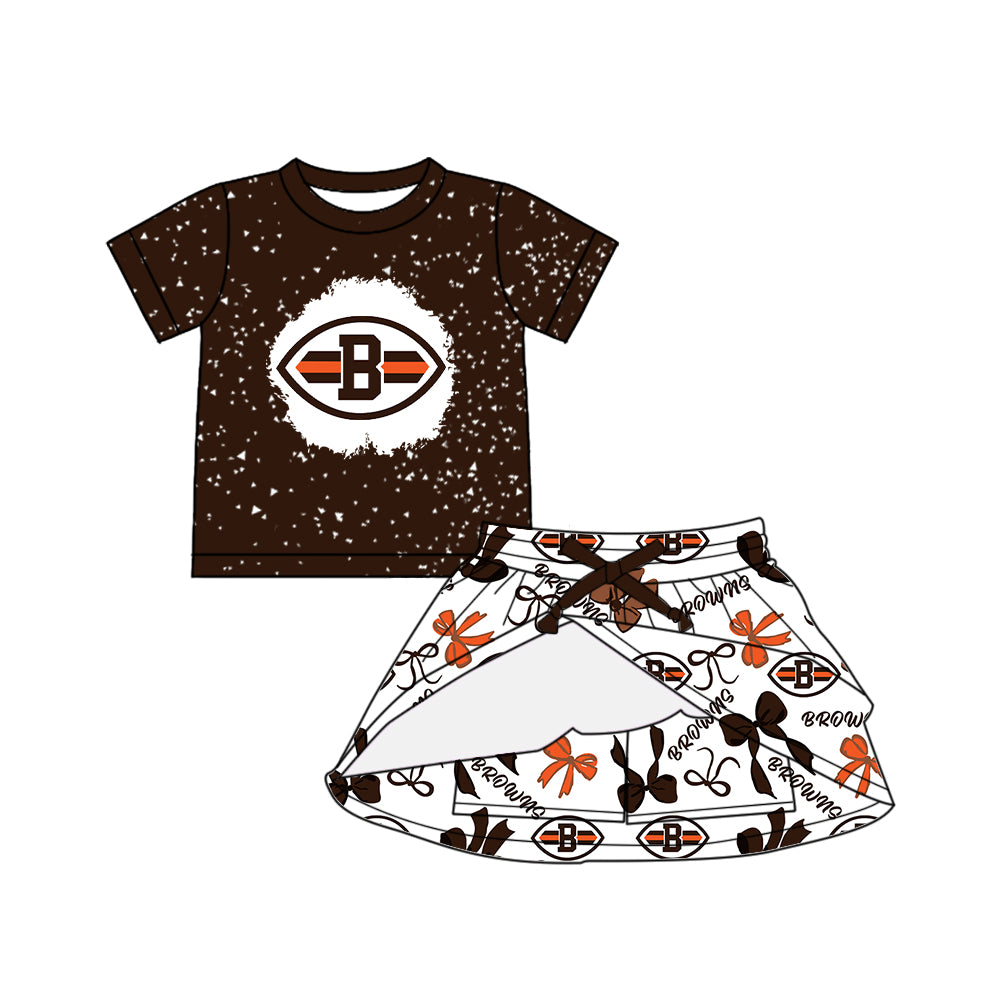 Preorder (moq 5)Baby Girls Short Sleeves Browns Top Bows Plaid Skorts Team Set