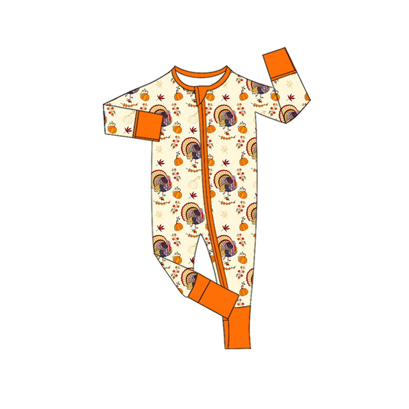 Preorder moq 5 Baby Infant Boys Long Sleeves Turkey Pumpkins Plaid Zipper Romper