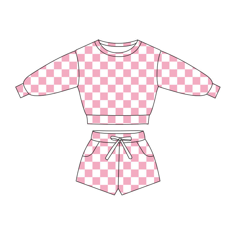 Preorder(moq 5) Baby Girls Light Pink Checked Long Sleeve Pockets Shorts Clothes Sets