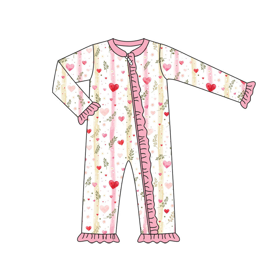 Preorder (moq 5) Baby Girl Clothes Valentine Watercolor Heart Stripe Print Long Sleeve Zipper Ruffle Romper