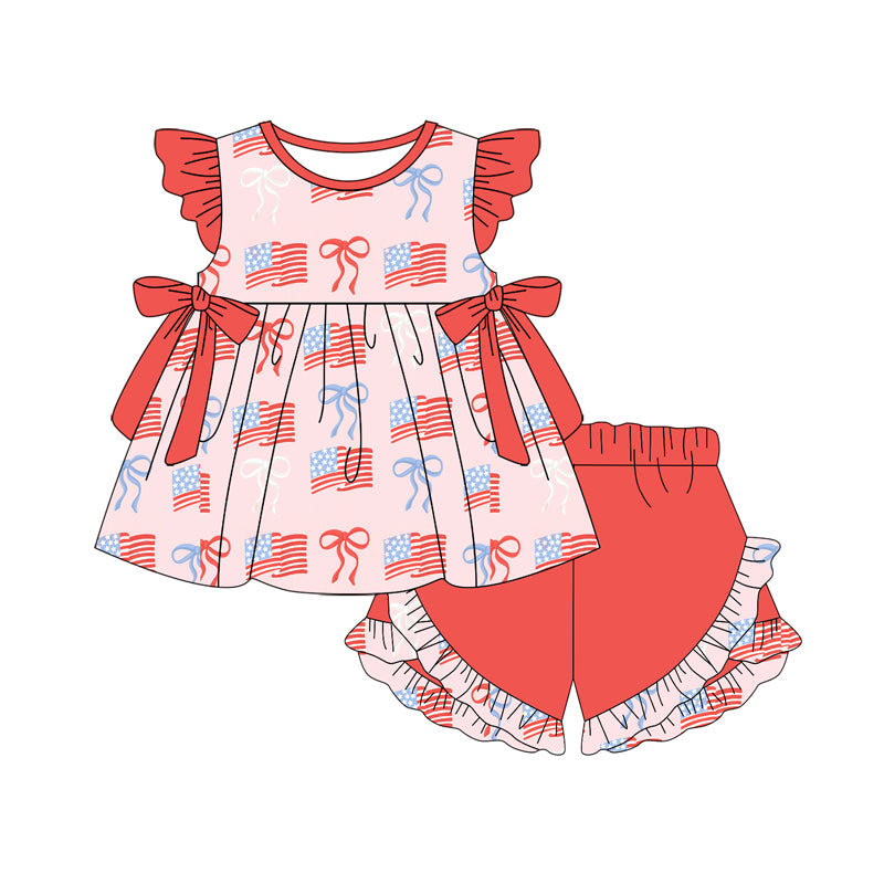 Preorder (moq 5)Baby Girls 4th Of July Flags Bows Tunic Top Shorts Clothes Sets