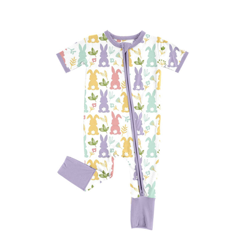 Preorder (moq 5)Baby Girls Short Sleeve Colorful Rabbits Flowers Easter Zipper Footie Rompers