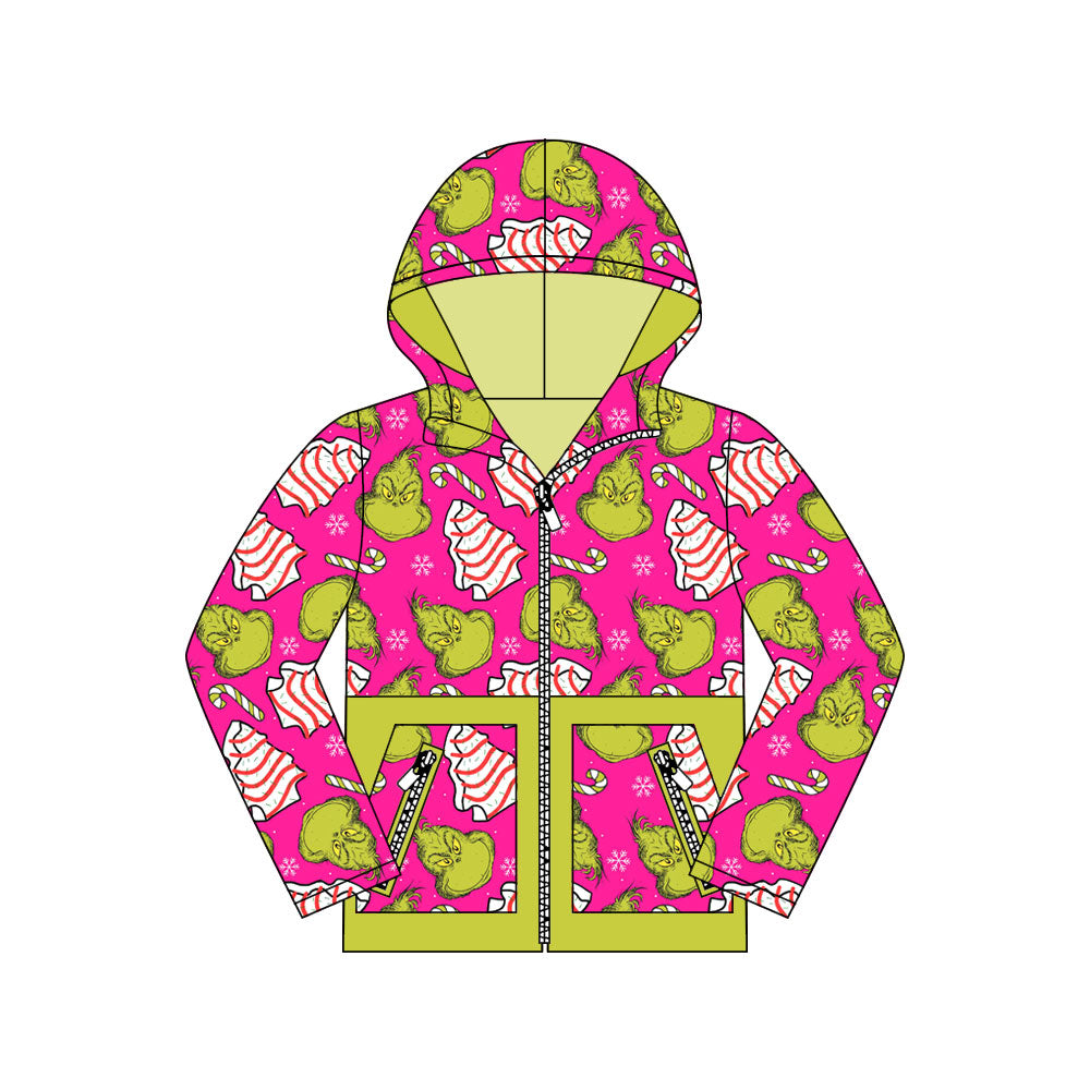 Preorder(moq 5)Baby Girls Green Faces Candy Cane Pockets Zipper Christmas Hoodie Tops