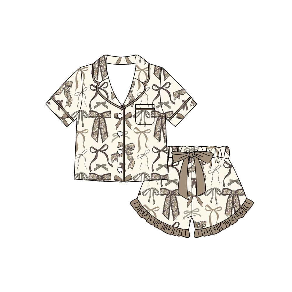 Preorder moq 5 Baby Girls Khaki Camo Bows Button Pocket Top Ruffle Shorts Pajamas Sets