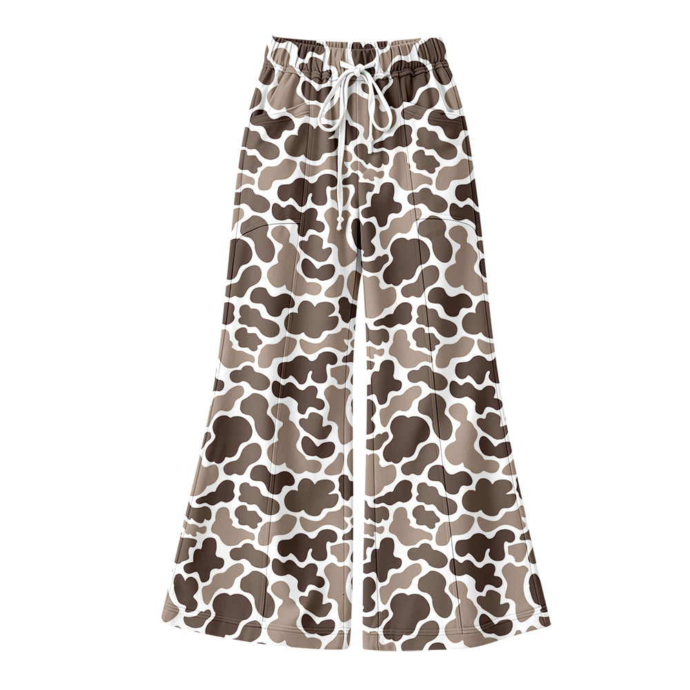 Preorder (moq 5) Women Clothes Milk Cow Brown Camo Print Elastic Waist Flare Bell Bottom Pants