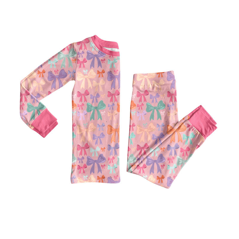 Preorder(moq 8)Baby Girls Colorful Bows Top Pants Pajamas Sets