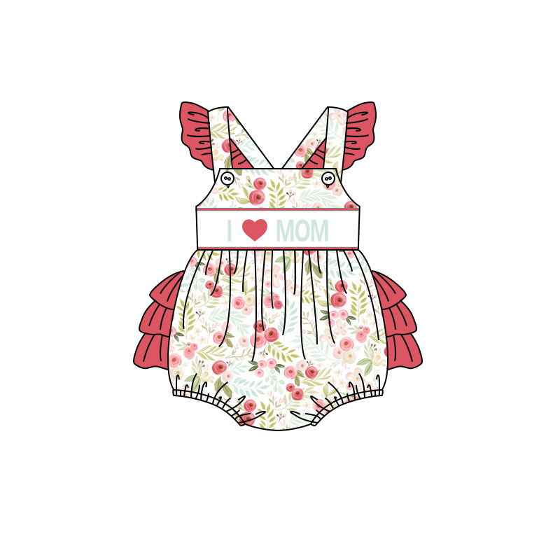 Preorder(moq 5)Baby Infant Girls Red Flutter Sleeves I LOVE MOM Floral Ruffle Bubble Rompers