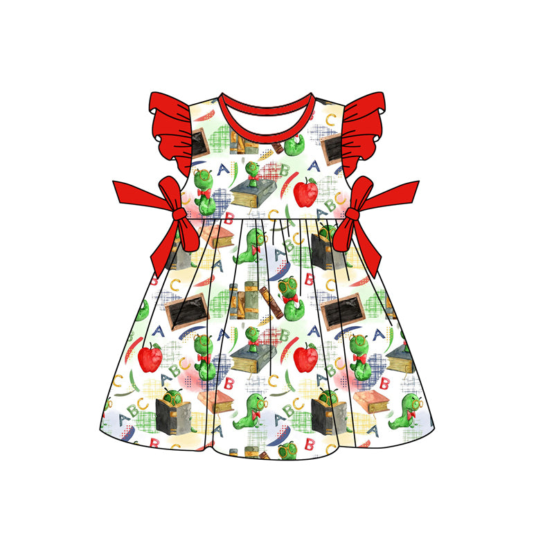 Preorder (moq 5)Baby Girls Red Flutter Sleeves Caterpillars Apples Bows Top Knee Length Dress