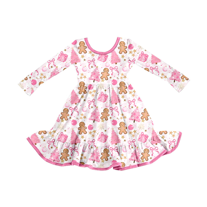 Preorder (moq 5)Baby Girls Christmas Trees Pink Gifts Gingerbread Ruffle Knee Length Dresses