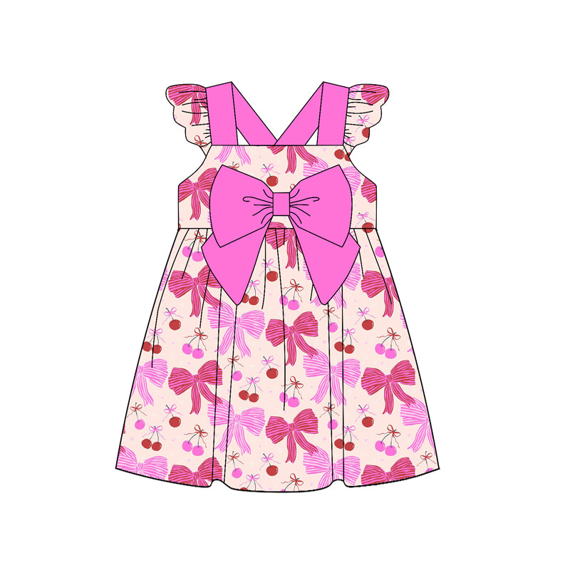 Preorder (moq 5)Baby Girls Hot Pink Flutter Sleeves Colorful Bows Knee Length Dress