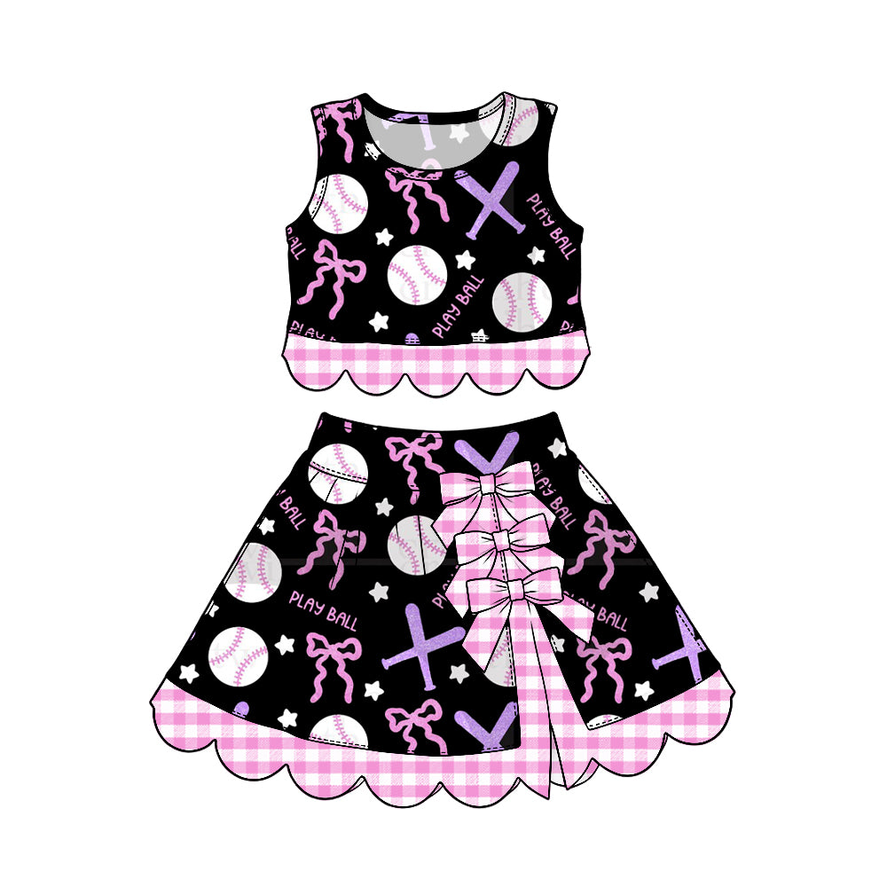 Preorder (moq 5) Baby Girl Clothes Play Ball Baseball Bow Star Mixed Print Sleeveless Crop Top Skirt Set