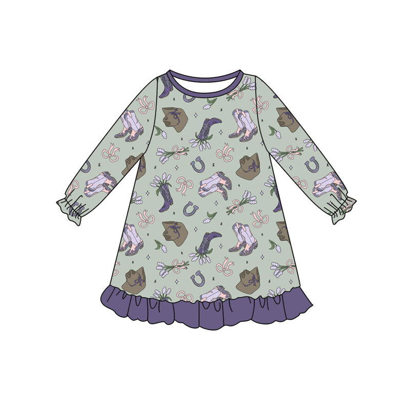 Preorder (moq 5)Baby Girls Purple Bows Hats Flowers Ruffle Knee Length Dresses